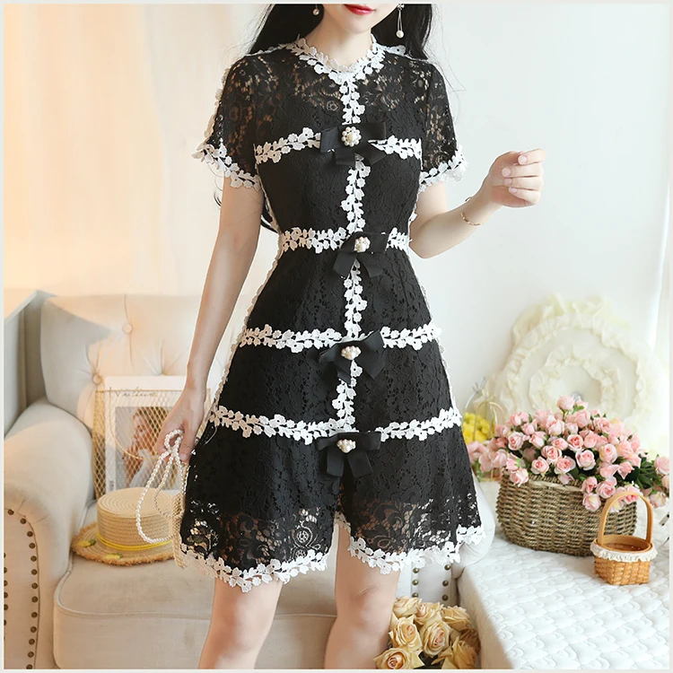 New Summer Fashion Hollow Out Crochet Lace Dress Women Short Sleeve Beading Back Lace-up Vintage Dress Party Vestidos