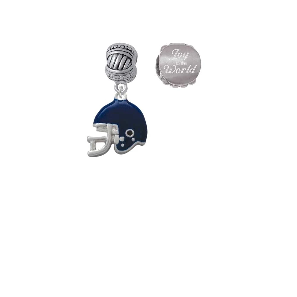 Silvertone Small Blue Football Helmet Joy to the World Charm Beads (Set of 2)
