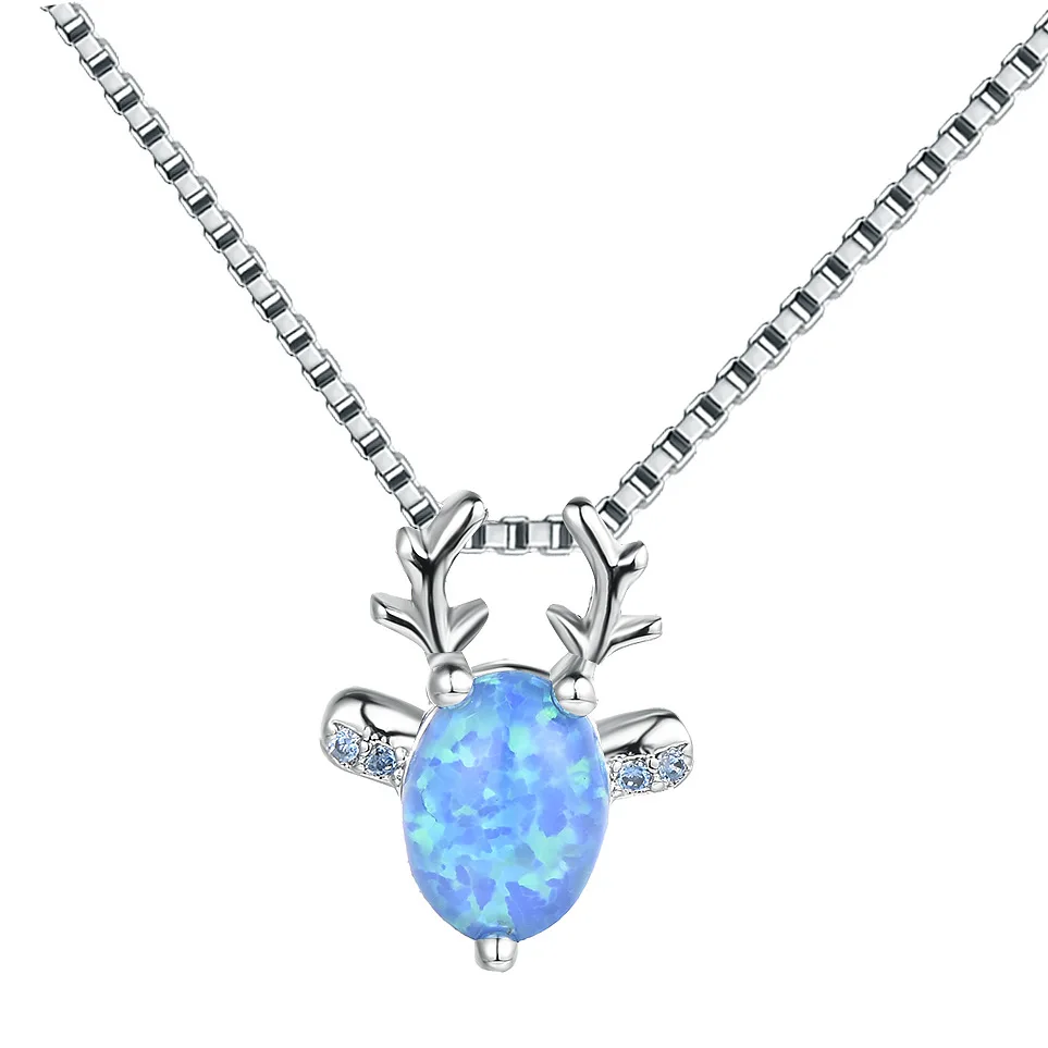 

New 925 Sterling Silver Blue White Fire Opal Deer Animal Pendant Necklaces For Women Christmas Gifts Jewelry