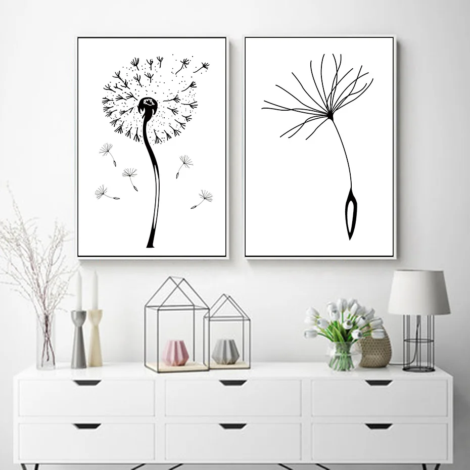 Black&White Dandelion Wall Art Realistic Line Drawing Nordic Posters&Prints Canvas Painting Living Room Decoration Home Pictures (1)