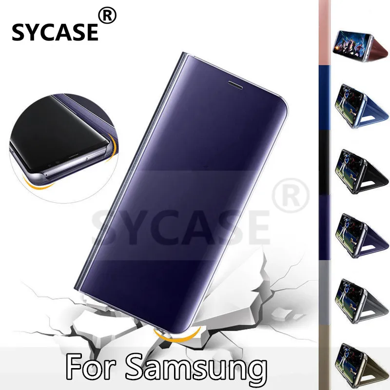 

SYCASE For Samsung Galaxy S7 S6 Edge S8 S9 Plus Luxury Flip Cover Leather Smart Chip Case Clear View Standing Mirror Case