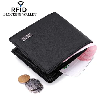 

RFID Blocking Genuine Cowhide Leather New Men's Wallets Antimagnetic 3 Folds Black Samll Zipper Coin Pocket ID Card Holder Purse