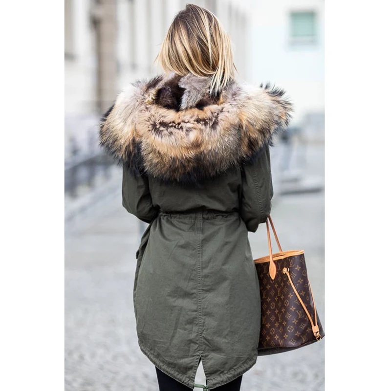 CKMORLS New Fashion Parkas With Natural Big Raccoon Fur Collar Armygreen Fur Jacket For Women Real Fur Coats Thick Warm Outwear