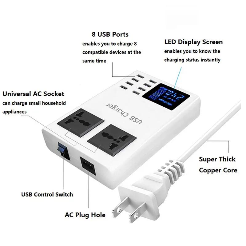 Universal Multi USB Charging Station AC Socket LED Display Mobile Phone Tablet Power Adapter Smart Charger UK EU US Plug 8 Port
