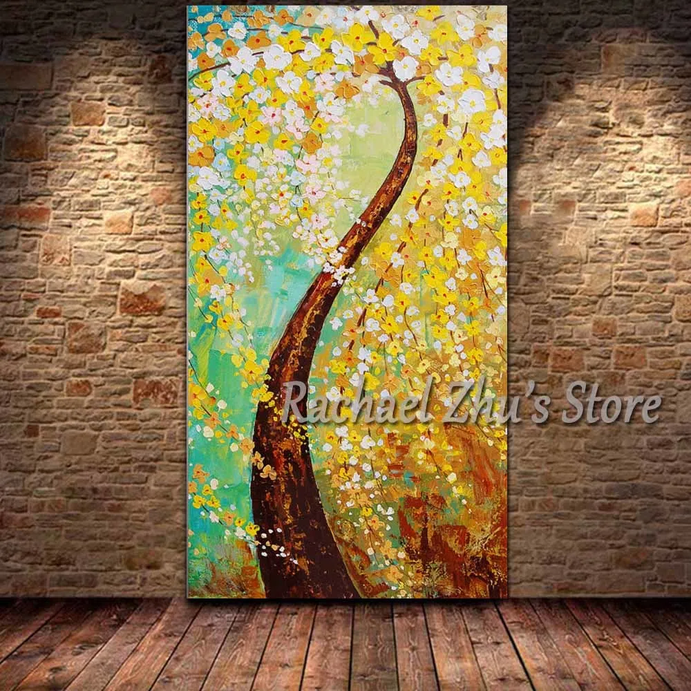 

Hand Painted Palette Knife Yellow Blomming Flower Landscape Oil Painting On Canvas Wall Picture Living Room Home Wall Decor Art