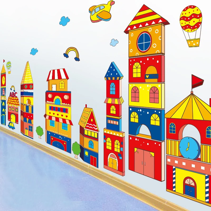  Large Castle Cartoon Wall Sticker for Kids Room Living Room Kindergarten Baby Nursery Color Buildin - 33046369174