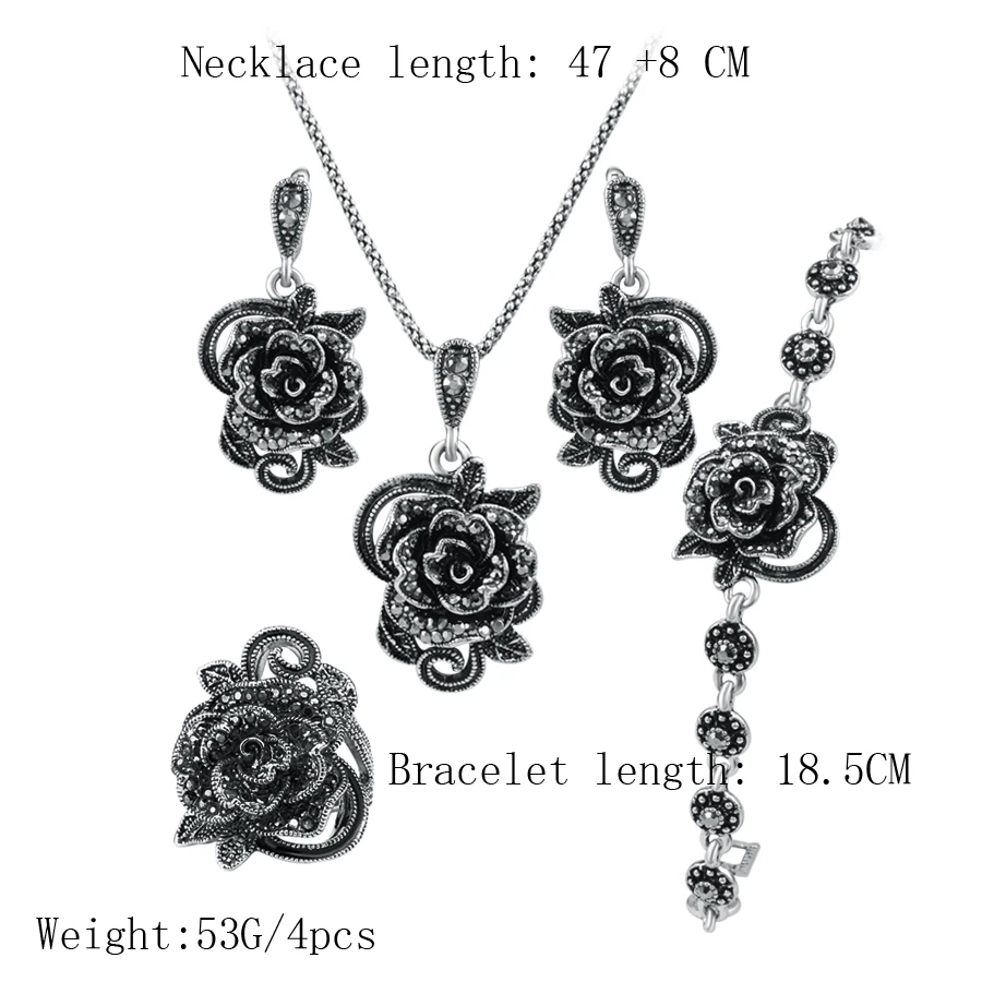 Kinel Hot Grey Crystal Roses Jewelry Set For Women Tibetan Silver Ring Necklace Earrings Bracelet Vintage Wedding Jewelry Sets - Image 6