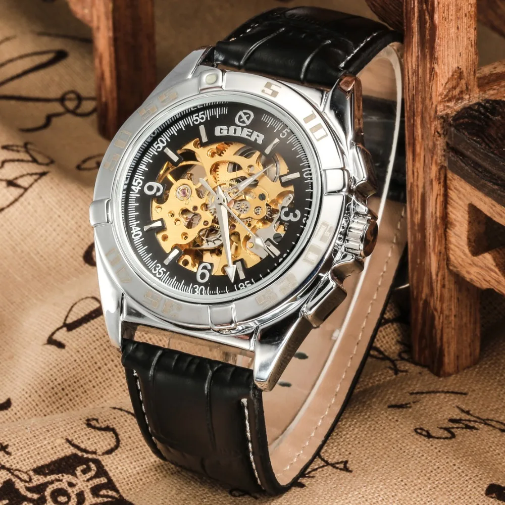 GOER brand men s mechanical watches Automatic Skeleton Leather Luminous digital waterproof male Wrist watch black