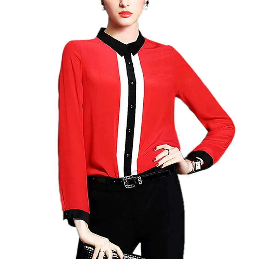 Spring 2018 European Fashion Red Black Blouse Long Sleeve Shirt Women