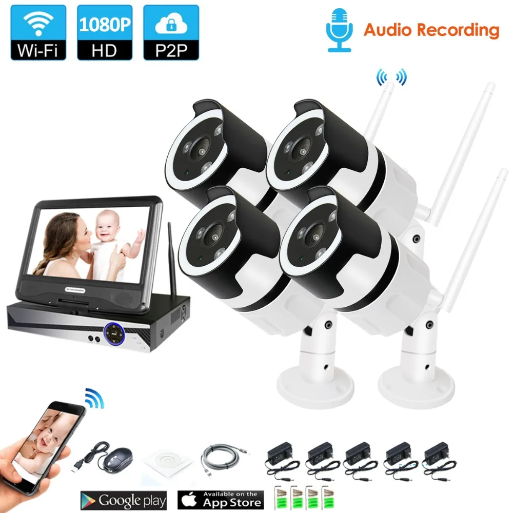 

4CH audio talK HD Wireless LCDNVR Kit P2P 1080P Indoor Outdoor IR Night Vision Security 2.0MP IP Camera WIFI CCTV System