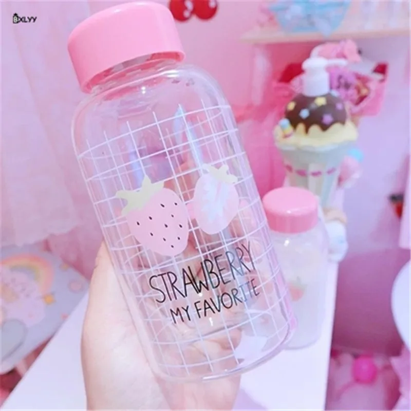 

BXLYY 1pc Pink Strawberry Glass Transparent Water Bottle 310ml Portable Leakproof Glass Sports Shaker Home Decor Accessories.8z