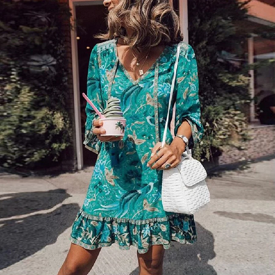 TEELYNN мини платья для женщин с расклешенными рукавами Зеленый Малахит BOHO