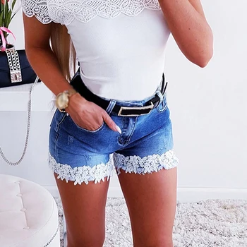 Shorts Women Summer Casual Mid Waist Lace Patchwork Ripped Skinny Jeans Women Streetwear Fashion Women Denim Short jean P30 white floral lace patchwork denim jeans