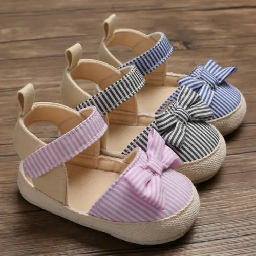 Летние детское платье с бантом полосатые туфли из текстиля сандалии для девочек Нескользящие кроватки модная Милая обувь мягкая подошва Prewalkers