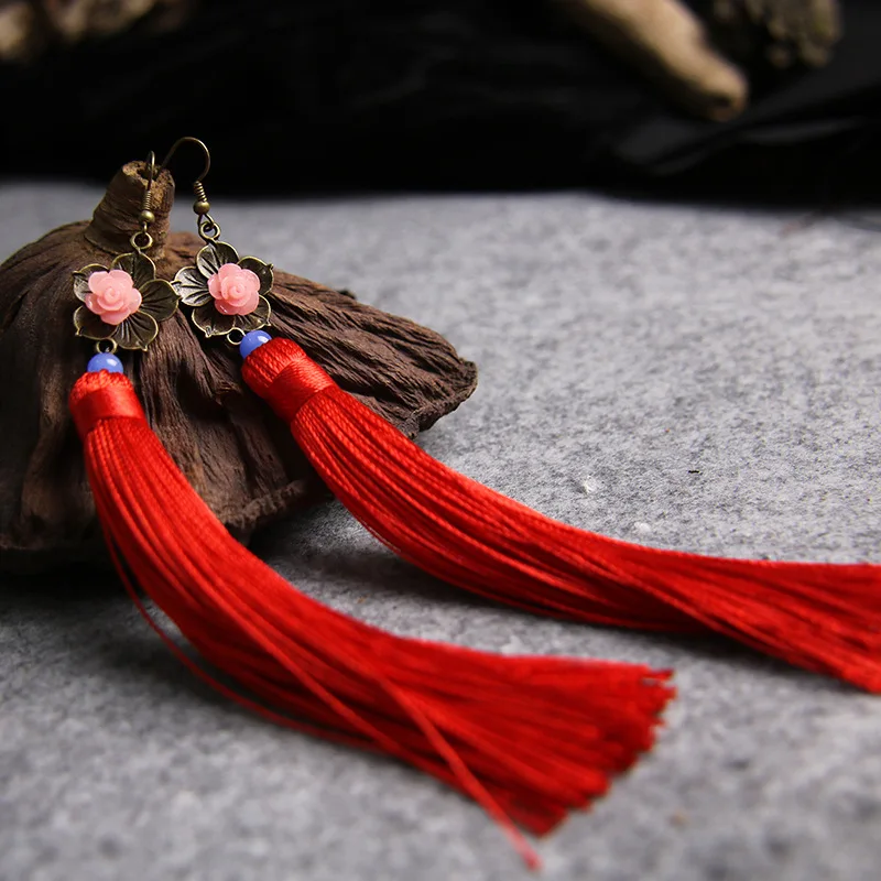 Fashion Chinese Ethnic Dangle Earring Flower Bead Tassel Long Earring