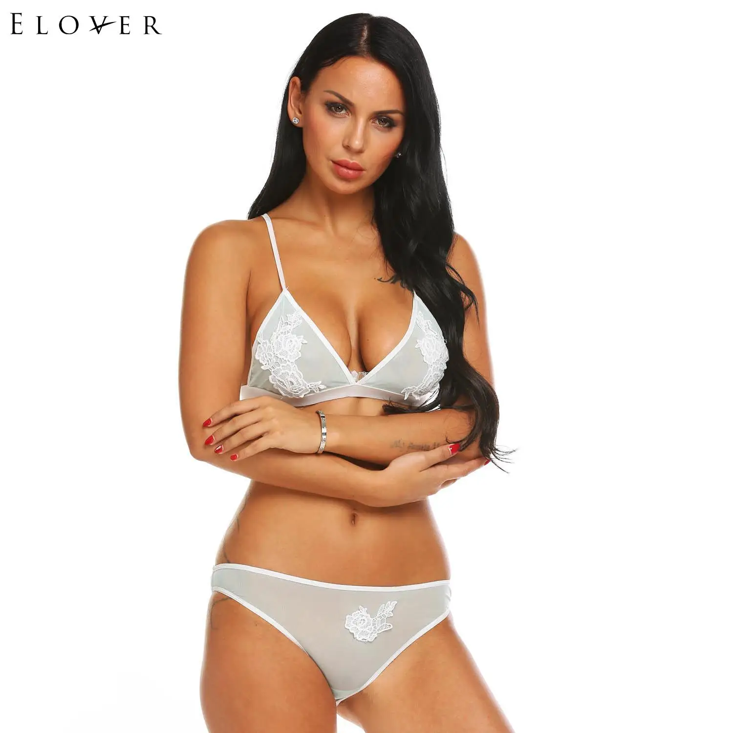 

Elover Sexy Underwear Lingerie Set Through Mesh Waist Set Bra Embroidery Women Flower Lingerie Sleepwear Mesh Lace Elastic Sexy