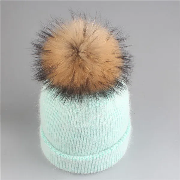 Xthree новая простая зимняя шапка из кроличьего меха, шапка с натуральным мехом, шапка с помпоном для женщин, цветная шапка Skullies, теплая Женская шапка - Цвет: light blue mink fur