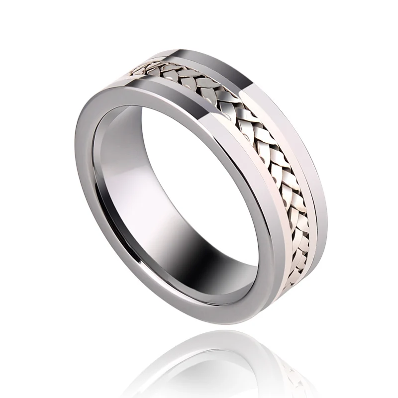 New Arrival 7mm High Polished Tungsten Steel Rings Inlay 925 Silver