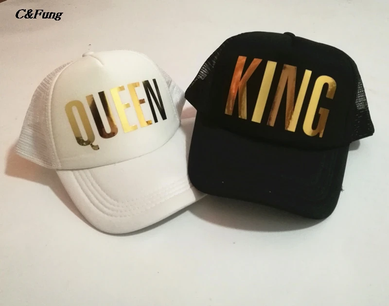 

KING QUEEN gold shine Print Trucker Caps Men Women Summer Visor Snapback Hat White Black Couple baseball cap