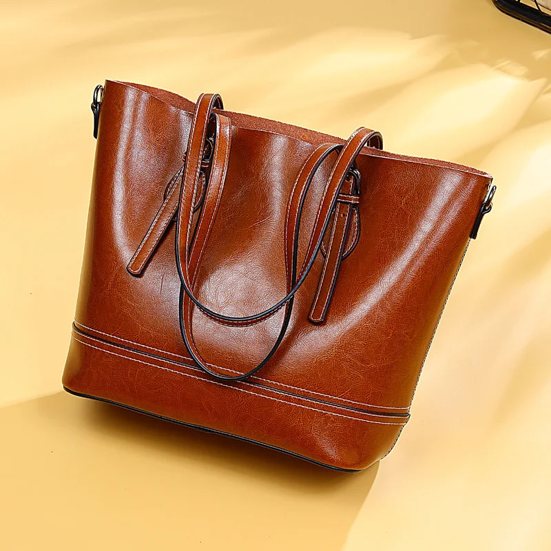 

Autumn and Winter 2019 New Retro Cowskin Handbag Single Shoulder Bucket Trendy Genuine Leather Lady bags