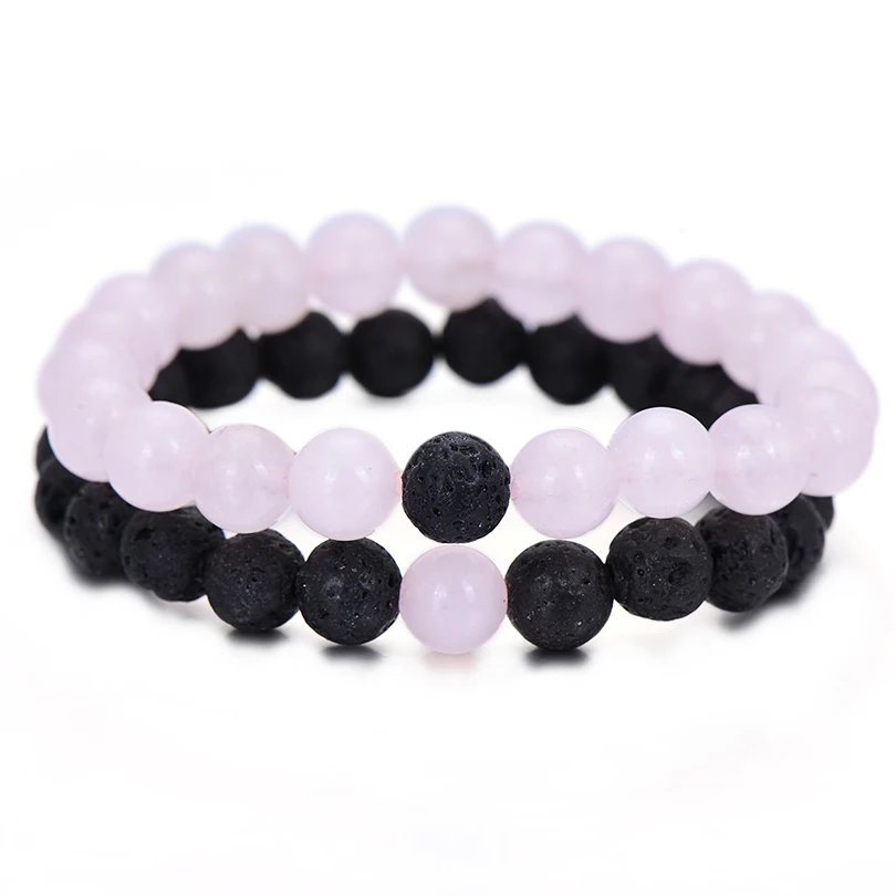 2Pcs/Set Trendy Distance Bracelet Sets Natural Stone Pink and Black Beaded Bangles&Bracelets Couple Jewelry Best Friend Hot