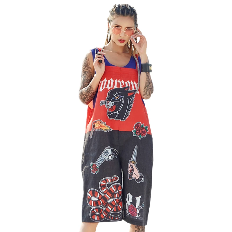 

Lady Summer Camisole Sleeveless Jumpsuits Women Fashion Letter Animal Street Style Playsuits Casual Loose Plus Size Rompers Z213