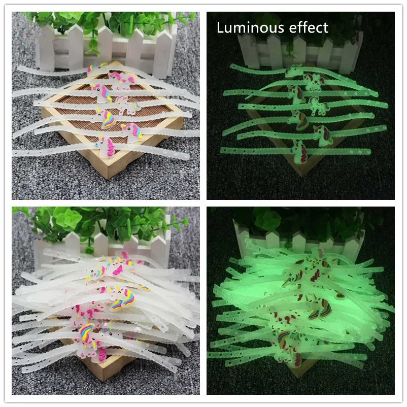 10 шт. вечерние светящиеся резиновые браслеты в виде единорога, украшения для вечеринки на день рождения, детский Радужный Единорог, партия поддерживает поставки