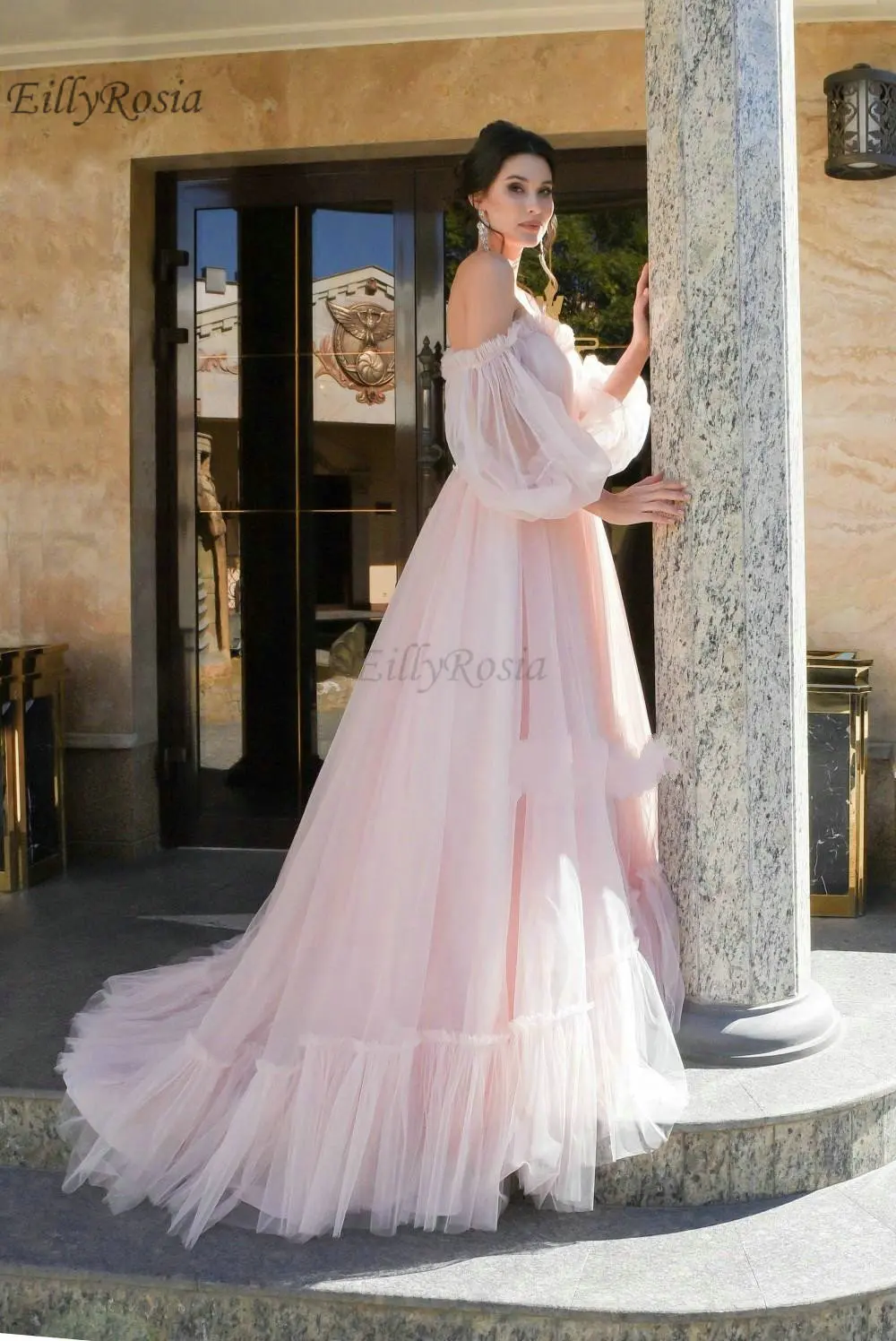 Розовые тюлевые платья для выпускного вечера Пышное романтическое платье принцессы с открытыми плечами и рукавами-фонариками для девочек платье для выпускного вечера размера плюс