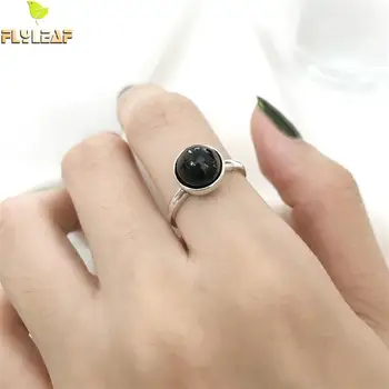

Flyleaf 100% 925 Sterling Silver Ring Open Rings For Women Personality Natural Black Stone High Quality Fashion Femme Jewelry
