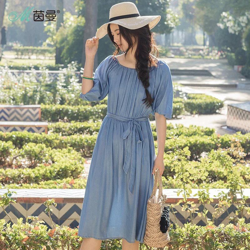 Inman 2018 Summer New Elastic Folds Two Way to Wear Slash Collar Puff Sleeves Belt Waist Women Denim Dresses | Женская одежда