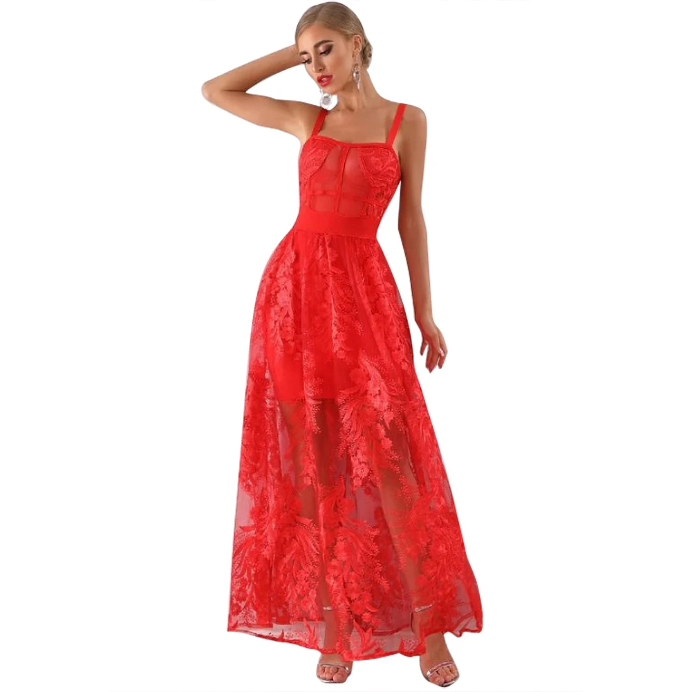 

2019 bandage dress celebrity summer women dress spaghetti strap red mesh sheer lace floral dresses party elegant maxi dress