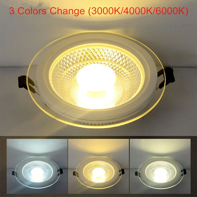 

LED Downlight 3 Colors Change(3000K/4000K/6000K) 5W 10W 15W 25W COB LED Panel Light AC85-265V Recessed Glass LED Downlights