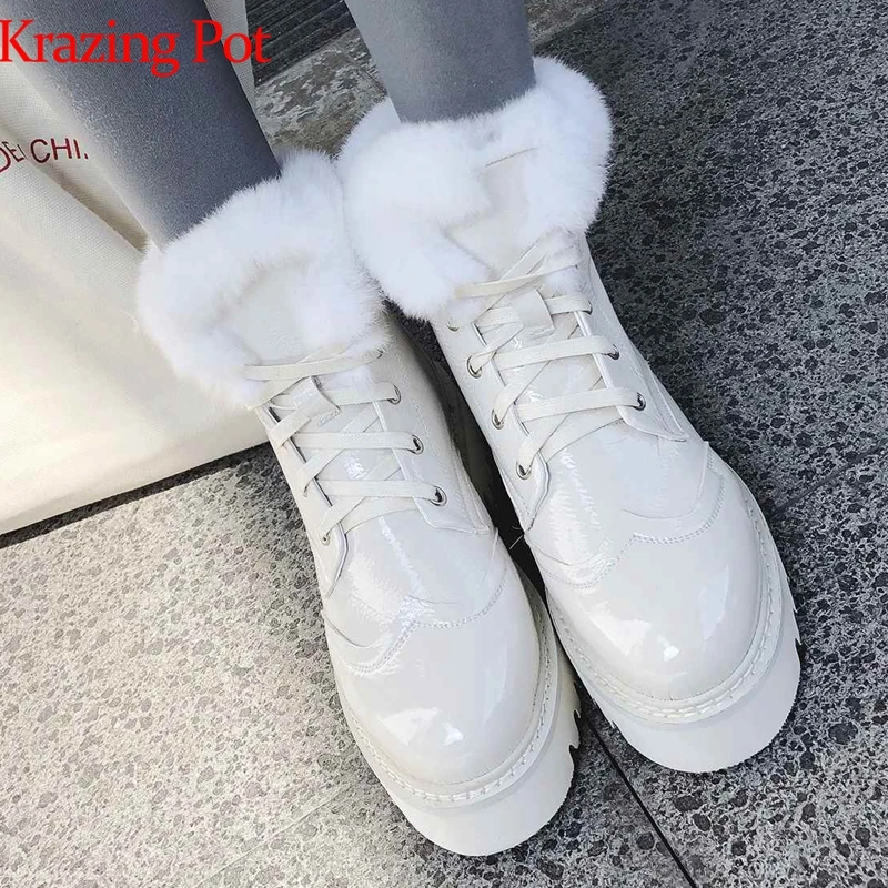 

krazing pot microfiber 2018 rabbit fur round toe Western boots Korean keep warm thick bottom cross-tied lace up ankle boots L9f6