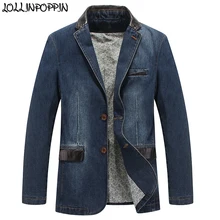 Британский стиль ковбойские мужские повседневные джинсовые блейзеры из искусственной кожи в стиле пэчворк с зазубренными отворотами Мужская винтажная синяя джинсовая верхняя мужская куртка