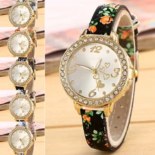 New Women’s Love Heart Dial Flower Printed Fine Faux Leather Band Quartz Wrist Watch 181 G6TN 98Z8