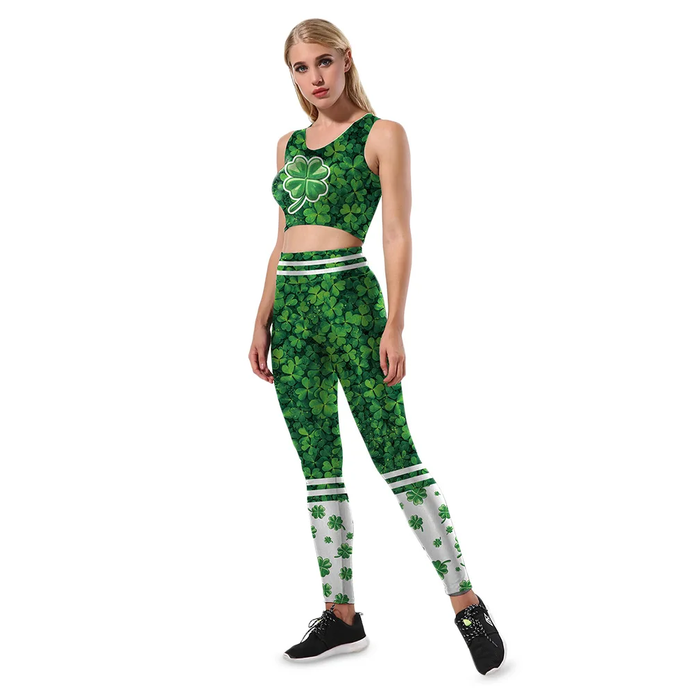 

LANGSTAR Women Yoga Set Trendy Shoulder Strap Printed Sports Suit Plant Crop Top With High Waist Elastic Pant Women Sportwear