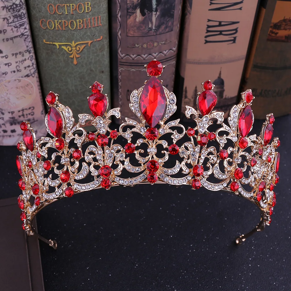 

2019 Baroque Gold Red Blue Crystal Rhinestones Wedding Crown Luxury Queen Tiaras Headband for Bridal Hair Accessories