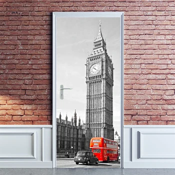 

Free shipping Gift Removable DIY 3D Door Sticker Wall Sticker Decal UK London Big Ben Red Bus Print Corridor Decor,77cm 90cm