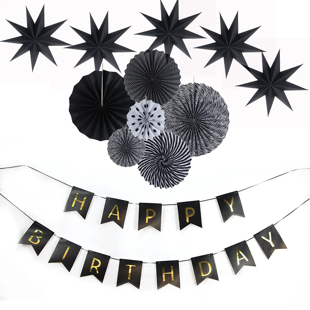 12pcs Set White And Black Paper Rosette Fans Paper Star Happy