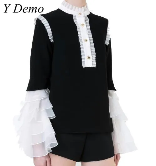 

2018 High Street Ruffle Sleeve Blouse Women's Elegant Single Breasted Guaze Shirt