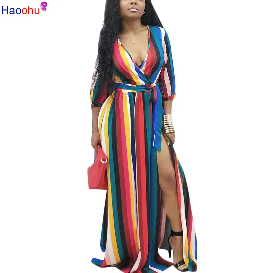

HAOOHU Rainbow Colorful Stripe Maxi Dress Autumn Women Off Shoulder Wrap V Neck 3/4 Sleeve Keyhole Back Side Slit Party Dresses