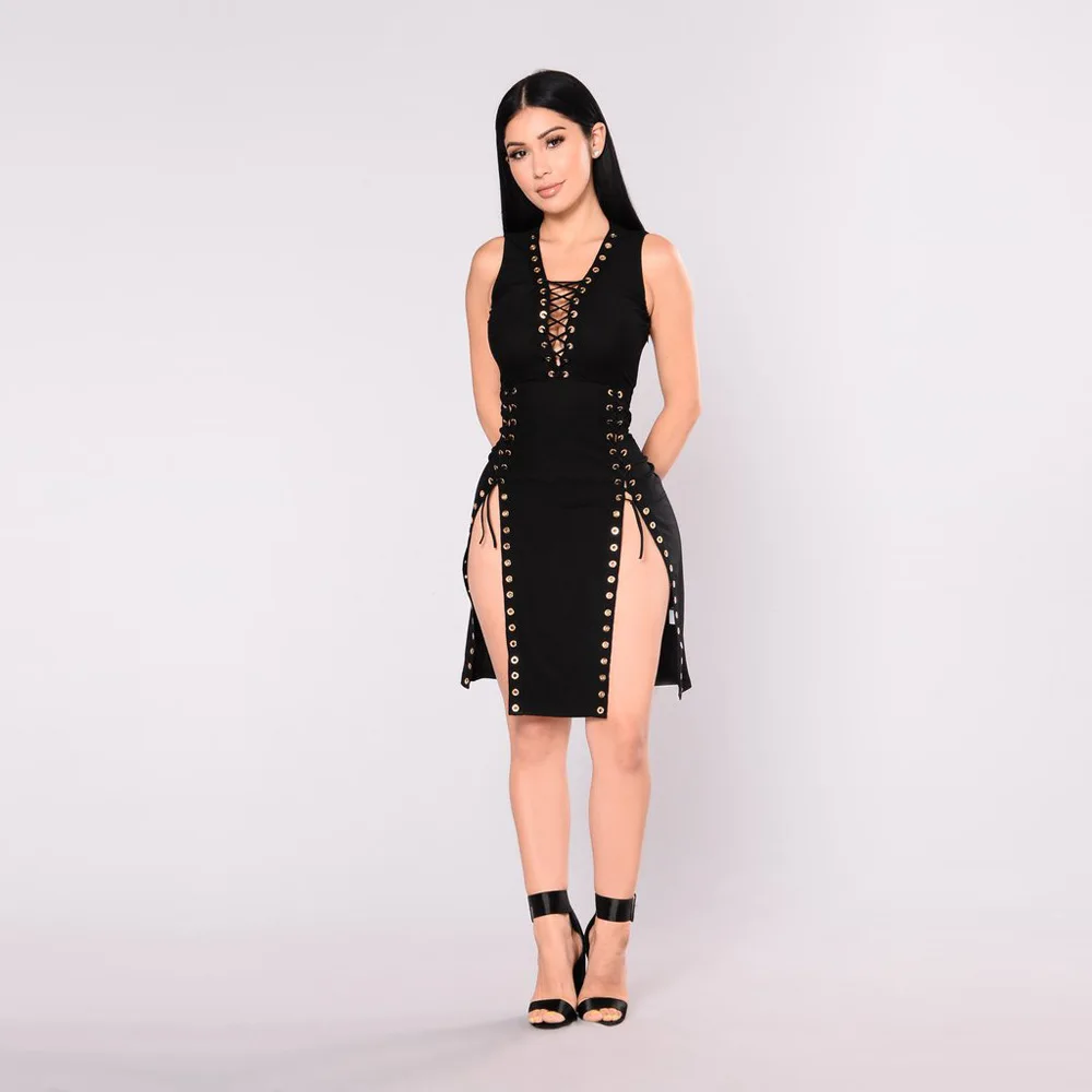 

Plus Size Women Gothic Black Dress Autumn Sexy V-Neck Lace Up Dresses Sexy Party Dress Vestidos