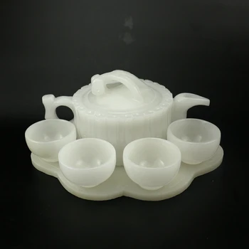 

A set TOP COOL GIFT 2020 HOME OFFICE Company ROOM TOP Business Decorative Collection White Jade Teapot Cups Hand carving statue