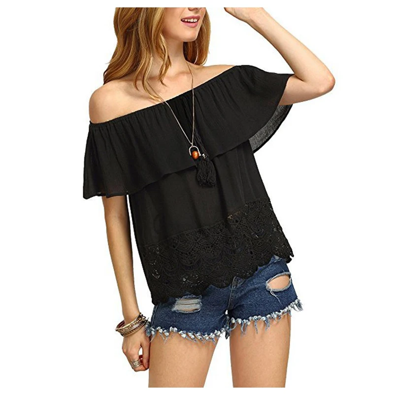 Eas Women Strapless Ruffles Summer Blouse Tops Sexy Off