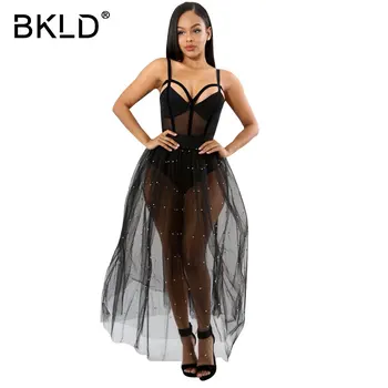 

BKLD Beading Pearls Patchwork Long Skirt Women Sexy Transparent Maxi Skirt 2018 New Fashion Streetwear Summer Mesh Tulle Skirt