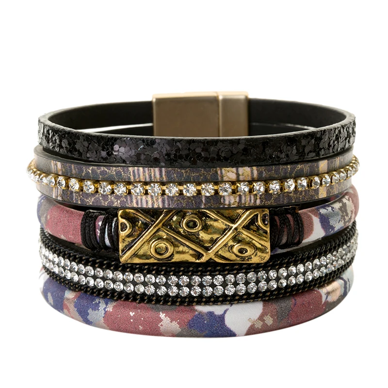 LEMOER дизайнерские хрустальные стразы кожаные браслеты ручной работы многослойные кожаные браслеты широкий Магнитный ювелирные изделия для женщин подарок - Окраска металла: black