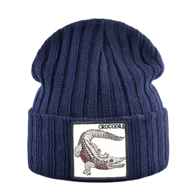 Fashion Skullies Beanies Men Women Knitted Wool Hats With Crocodile Patch Double Layer Knitting Bonnet Cap Unisxe Streetwear Hat - Цвет: Blue3