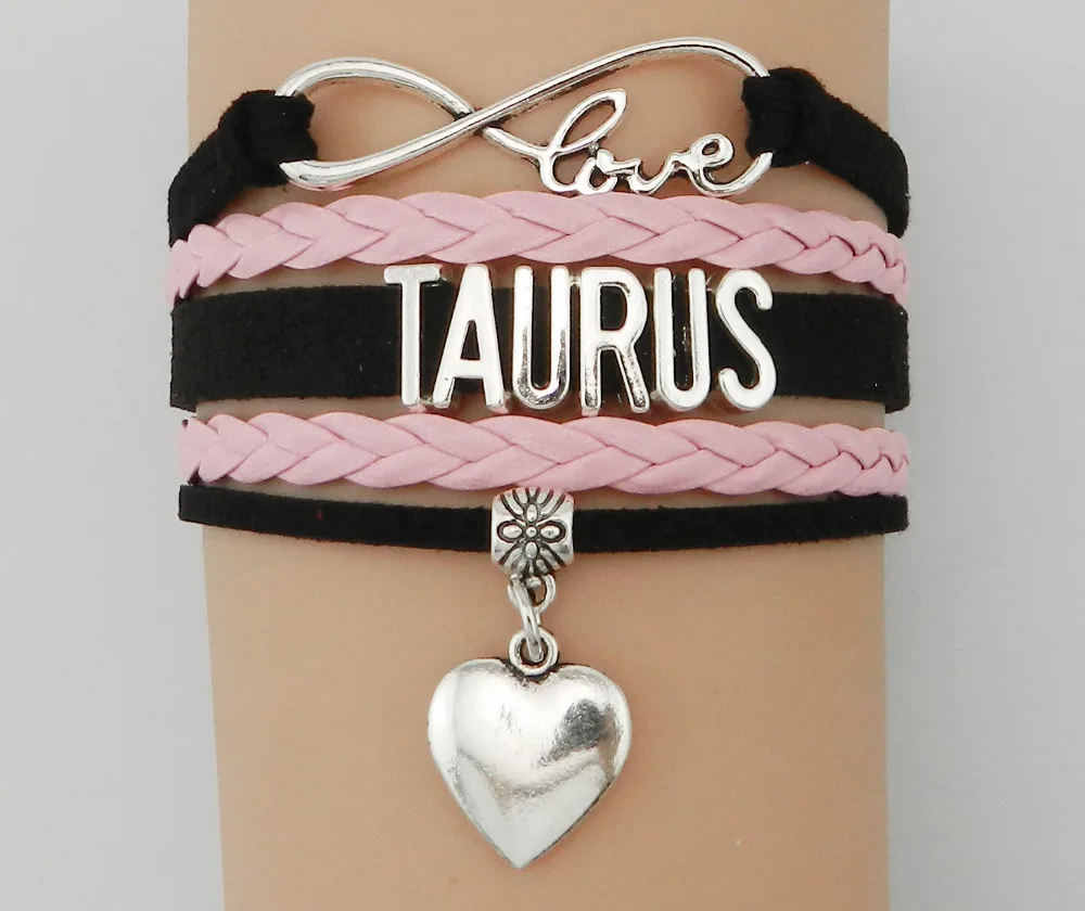 Infinity Love Taurus Sign Zodiac Bracelet Leather Bangle Gift Black