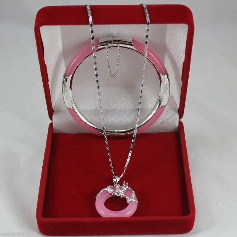

free shipping>>> Wonderful pink Jade Circle Dragon Pendants Necklace Bracelet Set no box NEW