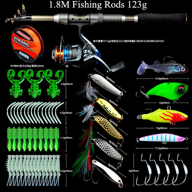Telescopic Fishing Rod Combo and Reel Full Kit Spinning Fishing Reel Gear Pole Set 100M Fishing Line Lures Hooks Jig Head Telescopic Fishing Rod Combo and Reel Full Kit Spinning Fishing Reel Gear Pole Set 100M Fishing Line Lures Hooks Jig Head